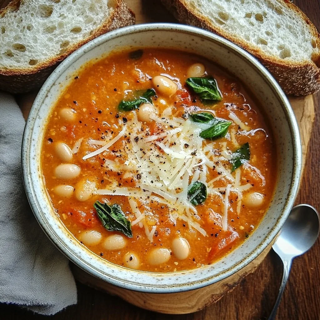 Creamy Parmesan Tomato Soup with Cannellini Beans in a bowl