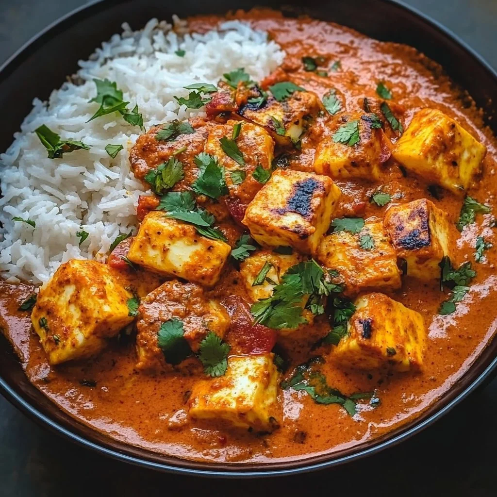 Delicious Halloumi Tikka Masala served in a bowl, garnished with fresh herbs.