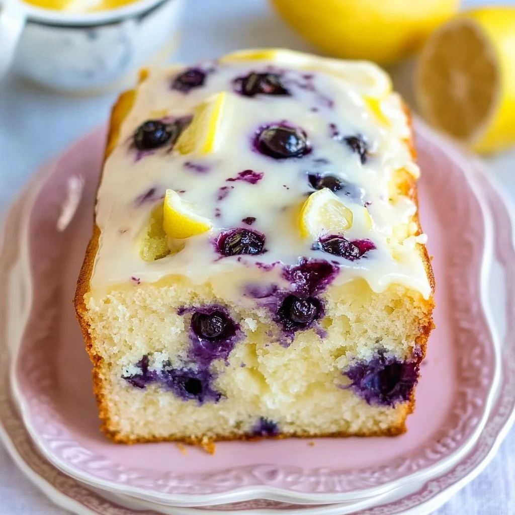 Slice of homemade Lemon Blueberry Bread with blueberries and lemon zest