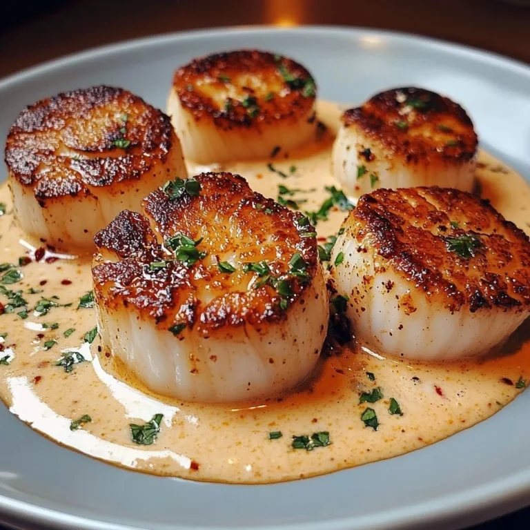 Seared Scallops with Spicy Cajun Cream Sauce 2 Seared scallops topped with spicy Cajun cream sauce on a plate