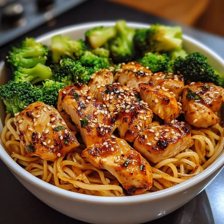 Spicy Garlic Chicken and Broccoli Noodle Bowls topped with fresh vegetables